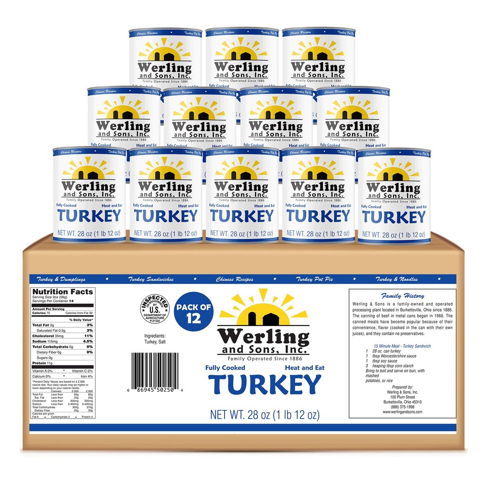 Werling & Sons Fully Cooked Canned Turkey Meat 28 Oz Heat & Eat Premium Quality Recipe Ready Canned Meat for Everyday Quick Meals, Camping, Emergency Canned Food & Survival Preparedness Pack of 12