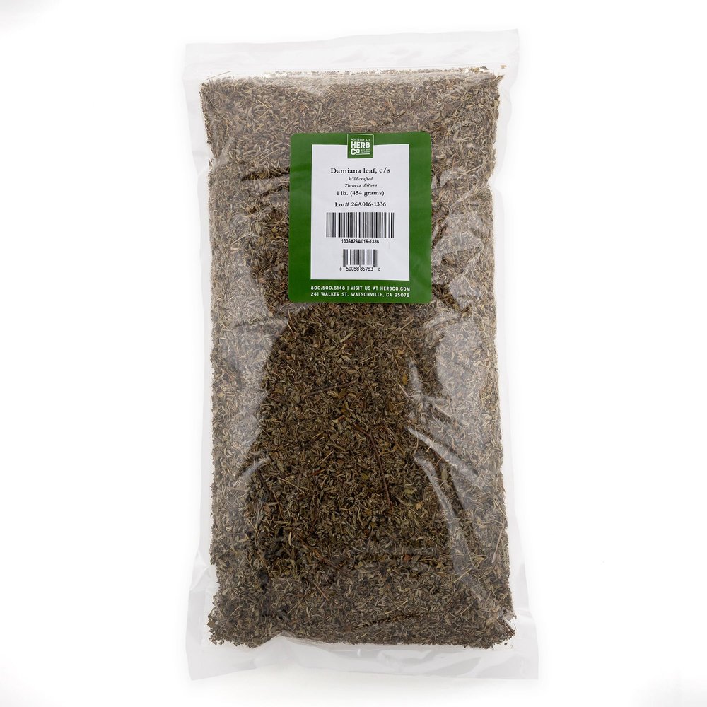 Damiana Leaf Cut & Sifted, by Herb Co, Turnera diffusa, Old Woman's Broom, from Mexico, Kosher, for Herbal Tea Blends, Salads, Soups & Cooked Vegetables, 1 lb