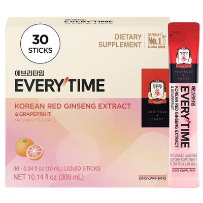 JUNG KWAN JANG Everytime Korean Red Ginseng Extract Stick 1,000mg & Grapefruit - Vegan Ginseng Root Energy Drink Liquid Stick Supplements - Builds Stamina & Immunity, No Caffeine (30 Sticks)