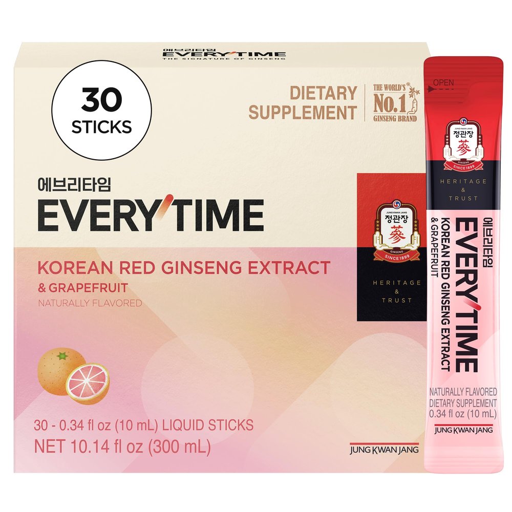 JUNG KWAN JANG Everytime Korean Red Ginseng Extract Stick 1,000mg & Grapefruit - Vegan Ginseng Root Energy Drink Liquid Stick Supplements - Builds Stamina & Immunity, No Caffeine (30 Sticks)