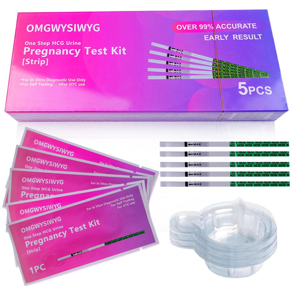 [5 Pack] OMGWYSIWYG Pregnancy Test HCG Strips Bulk with Over 99% Accurate & Easy to Use at Home & Fast Early Detection & Sensitive & Clear Results & Individually Wrapped for Fertility Women