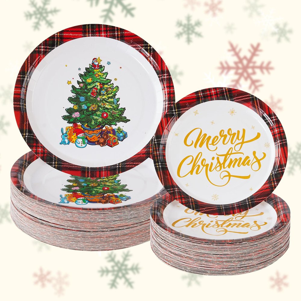 castletassel 160 PCS Christmas Paper Plates, Red Buffalo Plaid Christmas Disposable Plates Merry Christmas Dinner Dessert Plates Dinnerware Set Party Supplies Table Decorations