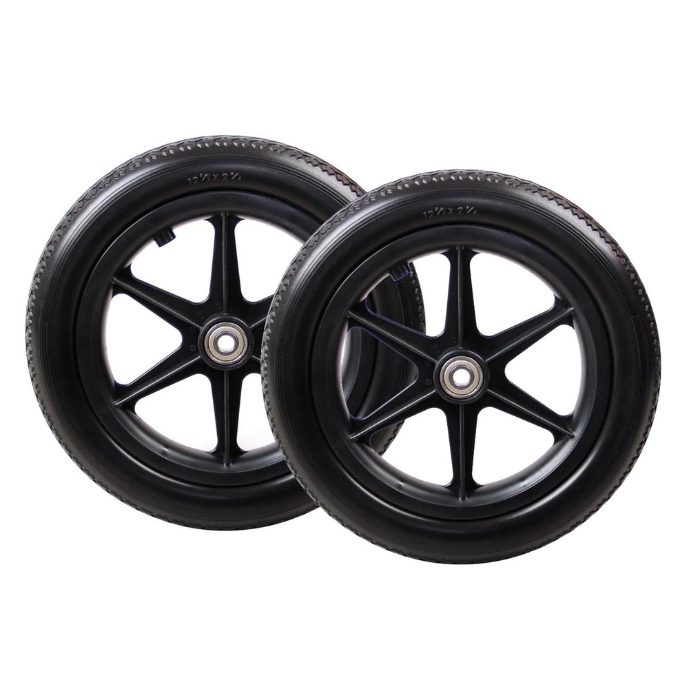 12 Inch Rear Wheel Replacement for Wheelchairs 1 Pair, 12 1/2  2 1/4 Solid PU Tires, ABS Plastic Wheel Hub with Metal Bearings(Black)