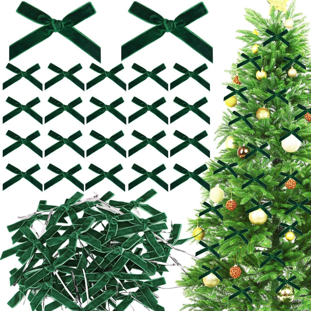 100 Pcs Green Mini Velvet Bows 3 X 2 Inches Small Christmas Bows for Christmas Tree Wreath Garland Home Wedding Decoration