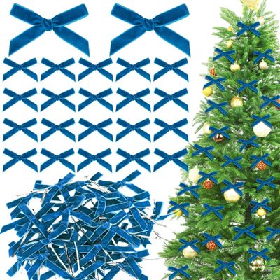100 Pcs Blue Mini Velvet Bows 3 X 2 Inches Small Christmas Bows for Christmas Tree Wreath Garland Home Wedding Decoration