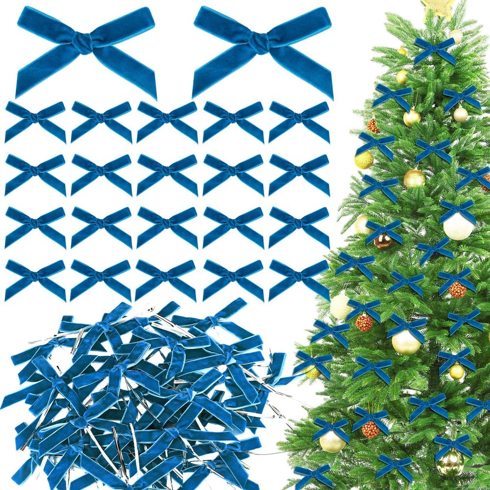 100 Pcs Blue Mini Velvet Bows 3 X 2 Inches Small Christmas Bows for Christmas Tree Wreath Garland Home Wedding Decoration