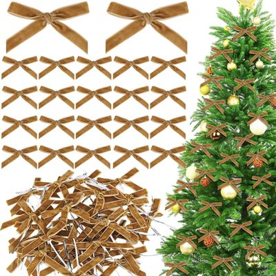 100 Pcs Mini Velvet Bows 3 X 2 Inches Khaki Christmas Bows for Christmas Tree Wreath Garland Home Wedding Decoration