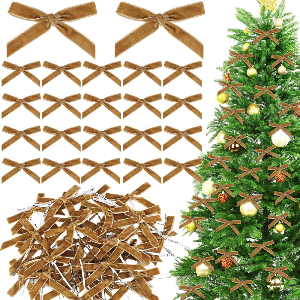 100 Pcs Mini Velvet Bows 3 X 2 Inches Khaki Christmas Bows for Christmas Tree Wreath Garland Home Wedding Decoration