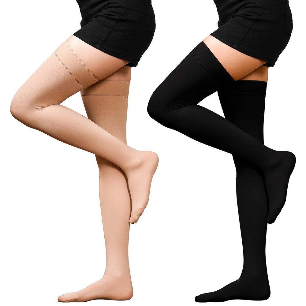 2 Pack 20-30mmHg Compression Stockings for Women & Men, WINGEDSOUL Thigh High Closed Toe Compression Socks for Women, Graduated Support Compression Stockings for Edema,Medium.Black & Beige