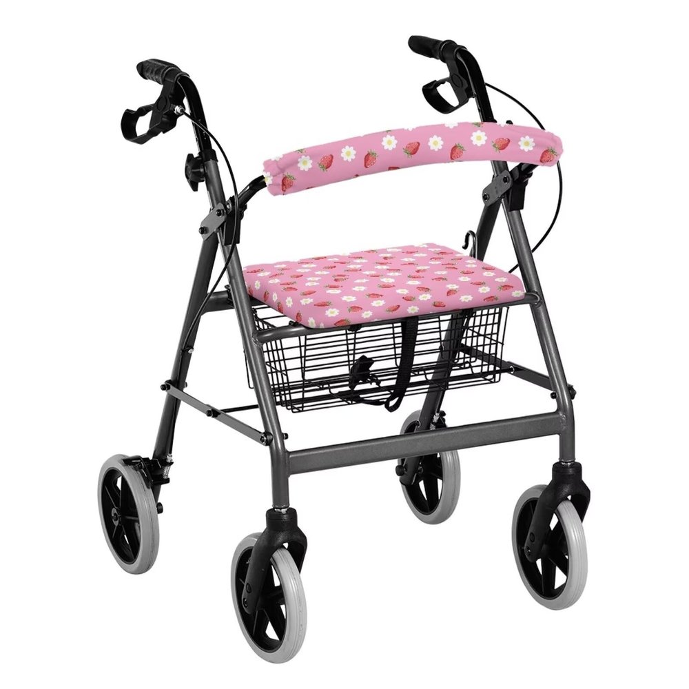 Rnyleeg Rollator Walker Accessories for Ladies Cute Pink Strawberry Daisy Floral Print Rollator Walker Seat and Backrest Rollbar Covers