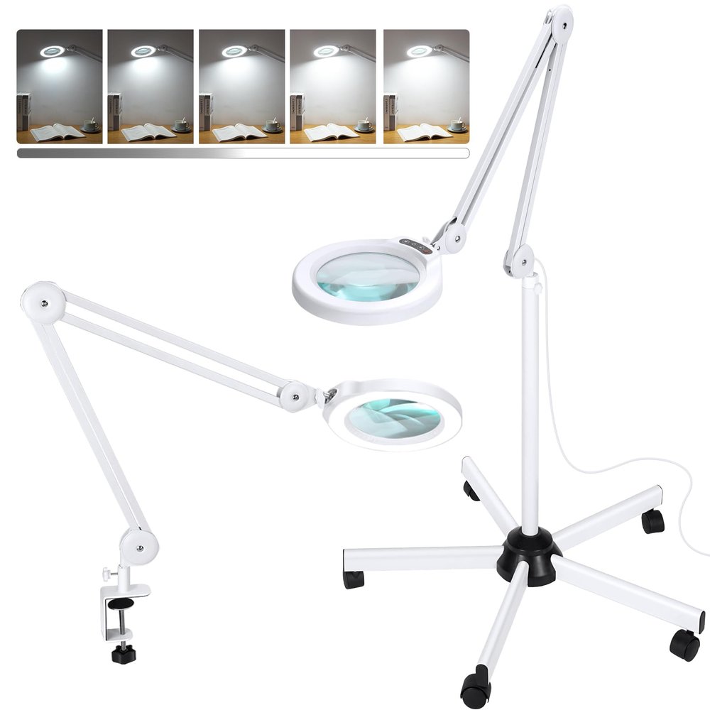 10X Magnifying Glass with Light and Stand, Super Bright 2,200 Lumens LED Magnifying Floor lamp with 5 Wheels Rolling Base, 5 Color Modes Stepless Dimming Lighted Magnifier for Esthetician Facial Salon