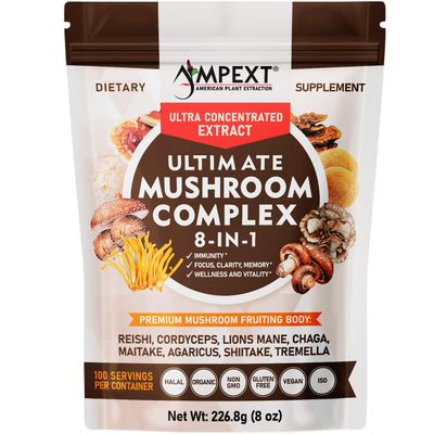 AMPEXT 8-in-1 Ultimate Mushroom Complex: A Blend of Water-Soluble Extracts from 8 Powerful Mushrooms, Formulated to Support Immunity, Enhance Clarity, Memory, Focus, Promote Wellness and Vitality