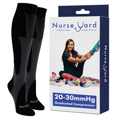 Nurse Yard Compression Socks for Women and Men | 20-30mmHg Graduated Medical Compression Socks for Nurses | Travel and Flying | Athletic Support for Running, Best Compression Socks | 1 Pair Black