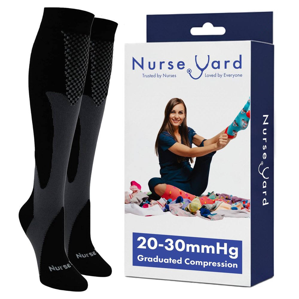 Nurse Yard Compression Socks for Women and Men | 20-30mmHg Graduated Medical Compression Socks for Nurses | Travel and Flying | Athletic Support for Running, Best Compression Socks | 1 Pair Black