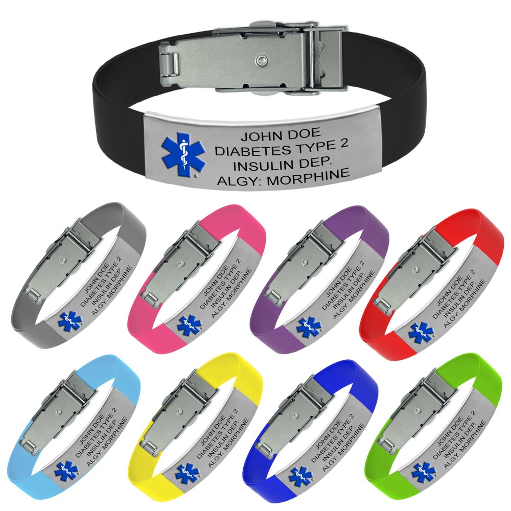 Medical Alert Bracelet for Men & Women Customizable, Silicon Band, Personalized Bold & Readable Engraving with Complimentary Access to PHR (Personal Health Record) Gray