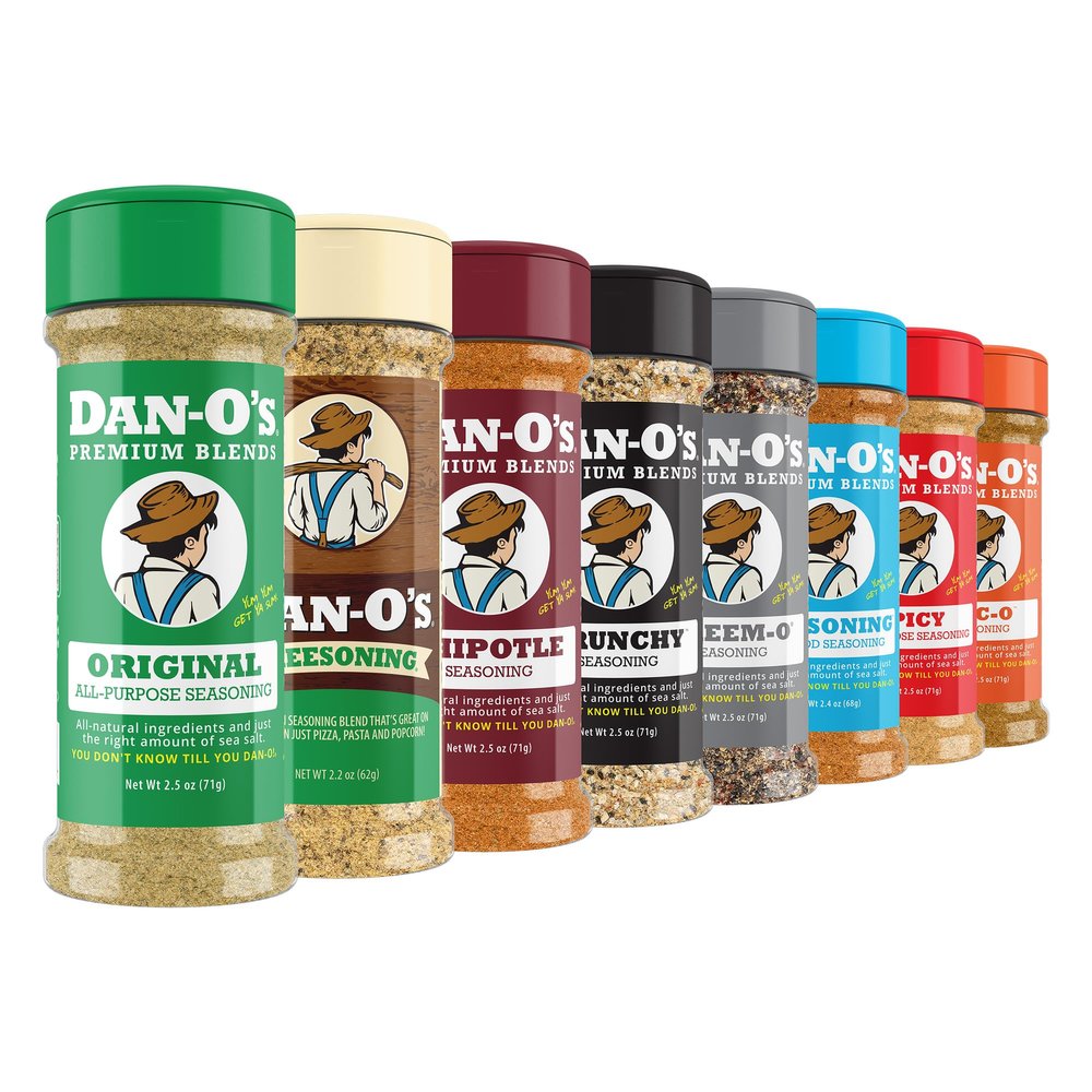 Dan-O's 8 Bottle Seasoning Set, Extra-Small Bottles, 8 Pack, Includes Original, Spicy, Chipotle, Crunchy, Cheesoning, Preem-O, SEA-soning and Tac-O Seasonings, Sugar Free, Zero Calorie, Seasoning Kit