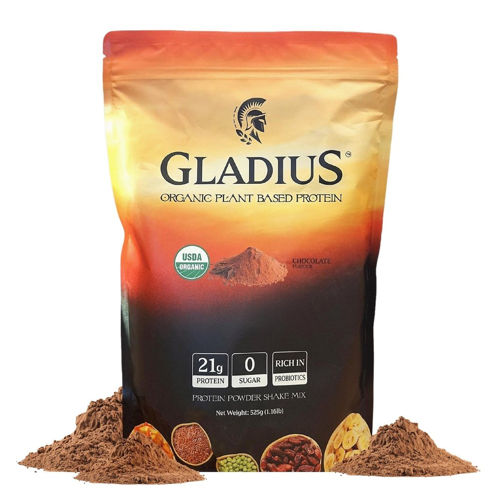GLADIUS Organic Plant Based Protein Powder | Chocolate | 15 Servings | 21g of Protein | Plant Based | No Sugars Added | Rich in Probiotics