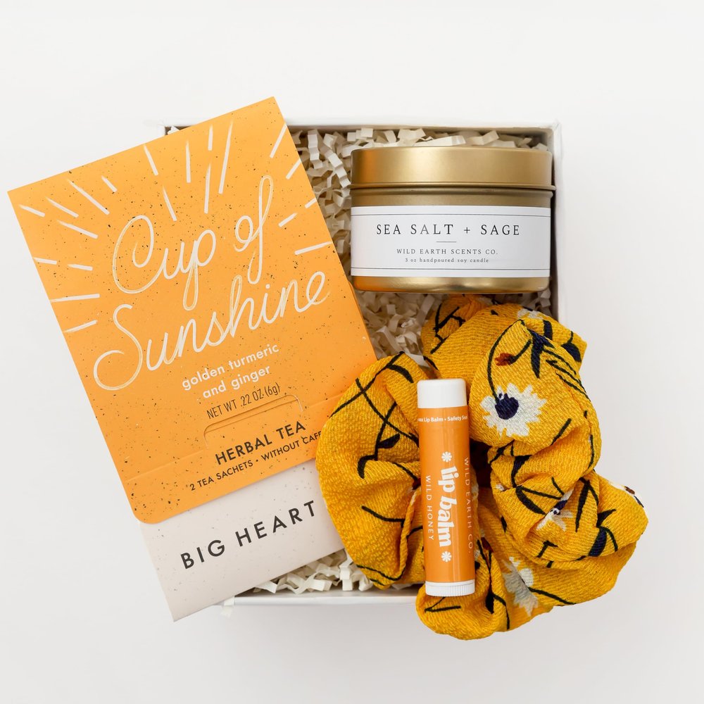 Sunshine Tea Gift Box Care Package for Women  Self Care Set with Handmade Mug, Mini Citrus Tea, Natural Lip Balm  Box of Sunshine Birthday, Get Well Soon, Thinking of You Gift