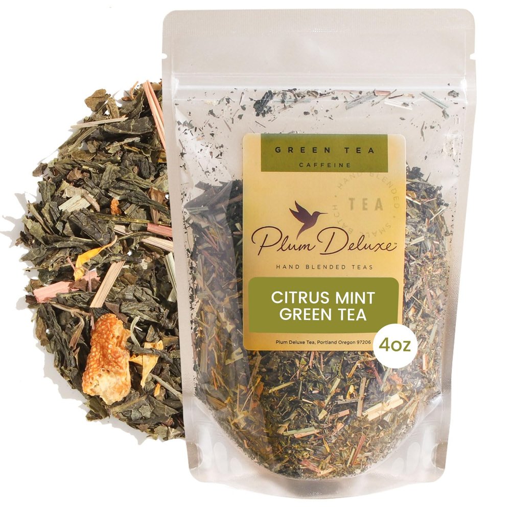 Citrus Mint Green Tea Refreshing Loose Leaf Blend with Green Tea, Orange, Lemon, Lemongrass and Spearmint Low Caffeine Hot or Iced 60 to 80 Cups No Added Sugar Hand Crafted in USA - Plum Deluxe