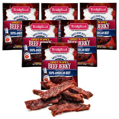 Bridgford Sweet Baby Ray's Beef Jerky Sweet N Spicy 3.25 oz Pack of 6 - High Protein Sweetened Spicy Beef Jerky for Your Dietary Preference - Ready-to-Eat Snacks for On-The-Go Snacking