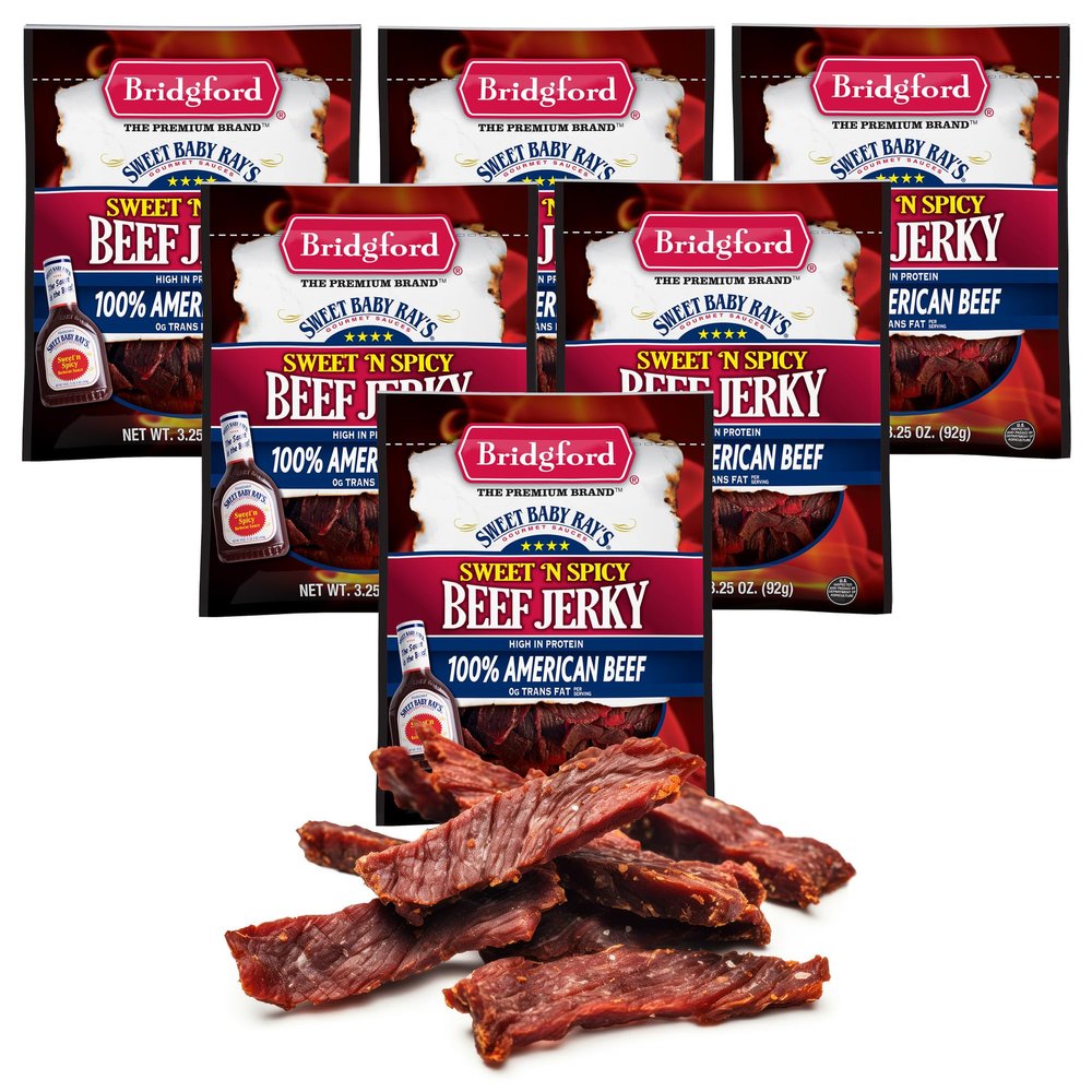 Bridgford Sweet Baby Ray's Beef Jerky Sweet N Spicy 3.25 oz Pack of 6 - High Protein Sweetened Spicy Beef Jerky for Your Dietary Preference - Ready-to-Eat Snacks for On-The-Go Snacking