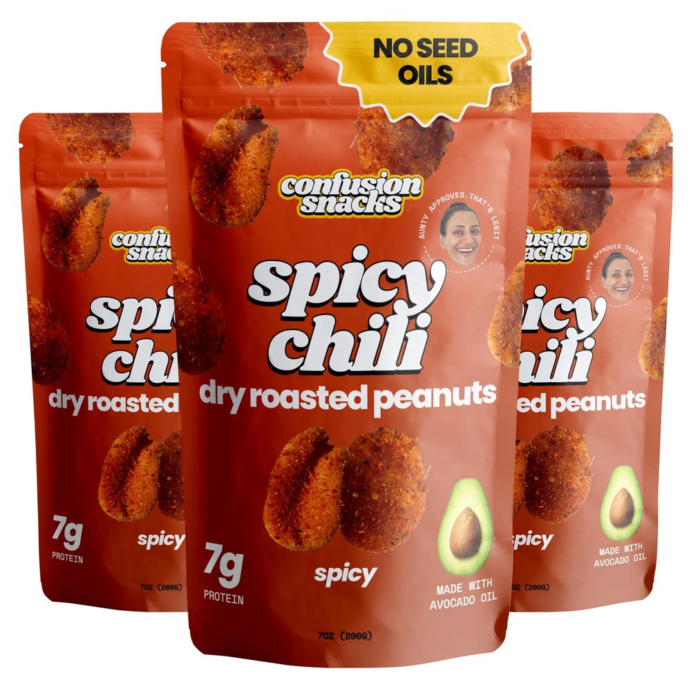 Confusion Snacks Chili Spiced Spicy Peanuts  Gluten Free, High Protein Snacking, Seed Oil Free Snacks, Dry Roasted Flavored Nuts, Hot Flavors, Vegan, 3-Pack