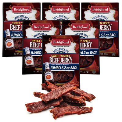 Bridgford Sweet Baby Rays Beef Jerky Sweet N Spicy 6.2 oz Pack of 6 - High Protein Sweetened Spicy Beef Jerky for Your Dietary Preference - Ready-to-Eat Snacks for On-the-Go Snacking
