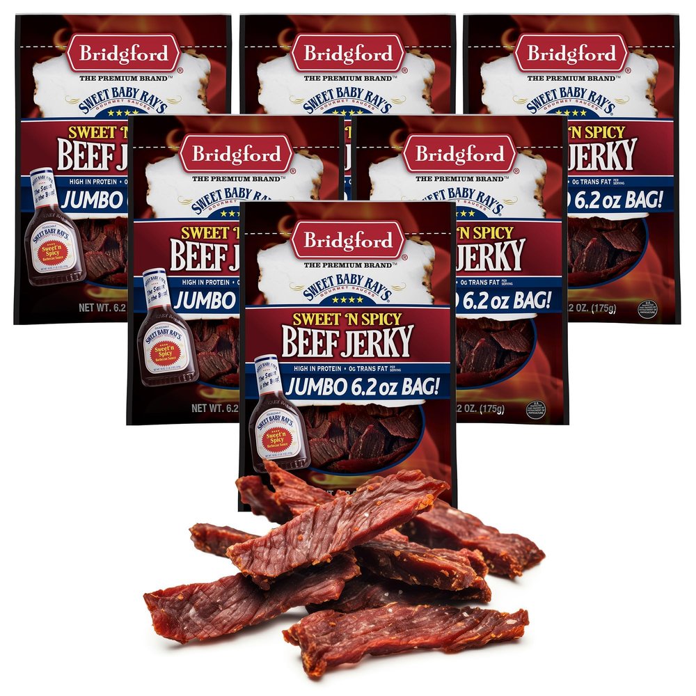 Bridgford Sweet Baby Rays Beef Jerky Sweet N Spicy 6.2 oz Pack of 6 - High Protein Sweetened Spicy Beef Jerky for Your Dietary Preference - Ready-to-Eat Snacks for On-the-Go Snacking