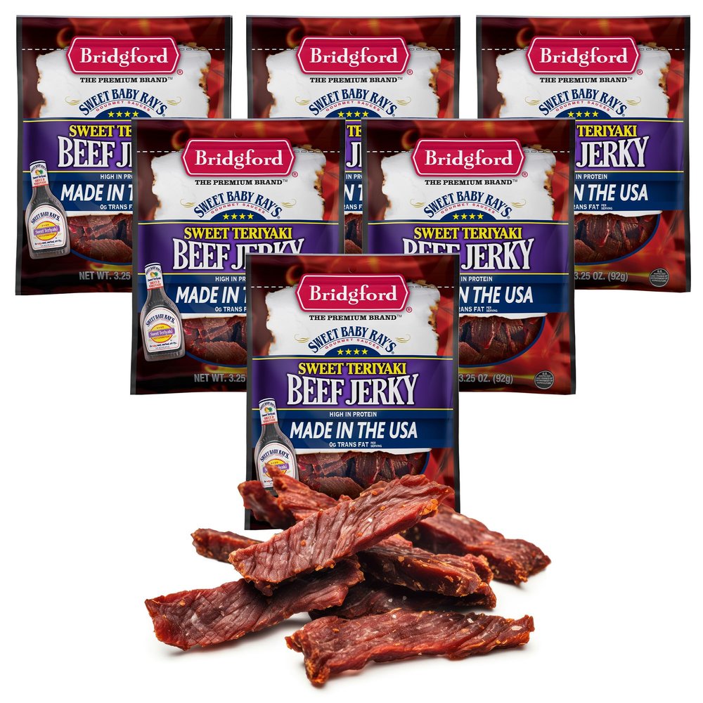 Bridgford Sweet Baby Ray's Beef Jerky Sweet Teriyaki 3.25 oz Pack of 6 - Protein-Rich Snacks for Low Carb and High Protein Diets - Beef Jerky Teriyaki for On-The-Go Snacking and Busy Lifestyles