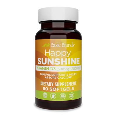 Basic Brands Happy Sunshine Vitamin D3  2000 IU (50 mcg)  60 Softgels  Immune Support, Bone & Muscle Health, Non-GMO, Gluten-Free Daily Vitamin D Supplement