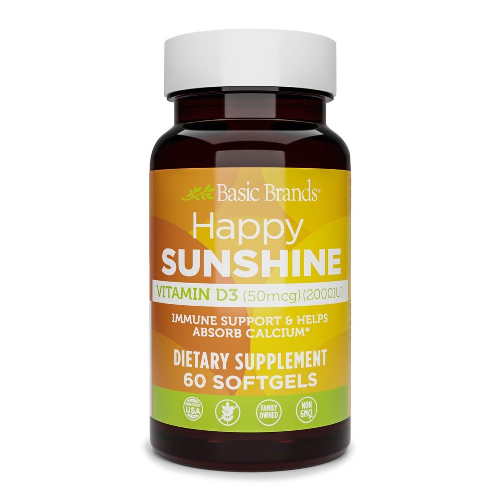 Basic Brands Happy Sunshine Vitamin D3  2000 IU (50 mcg)  60 Softgels  Immune Support, Bone & Muscle Health, Non-GMO, Gluten-Free Daily Vitamin D Supplement