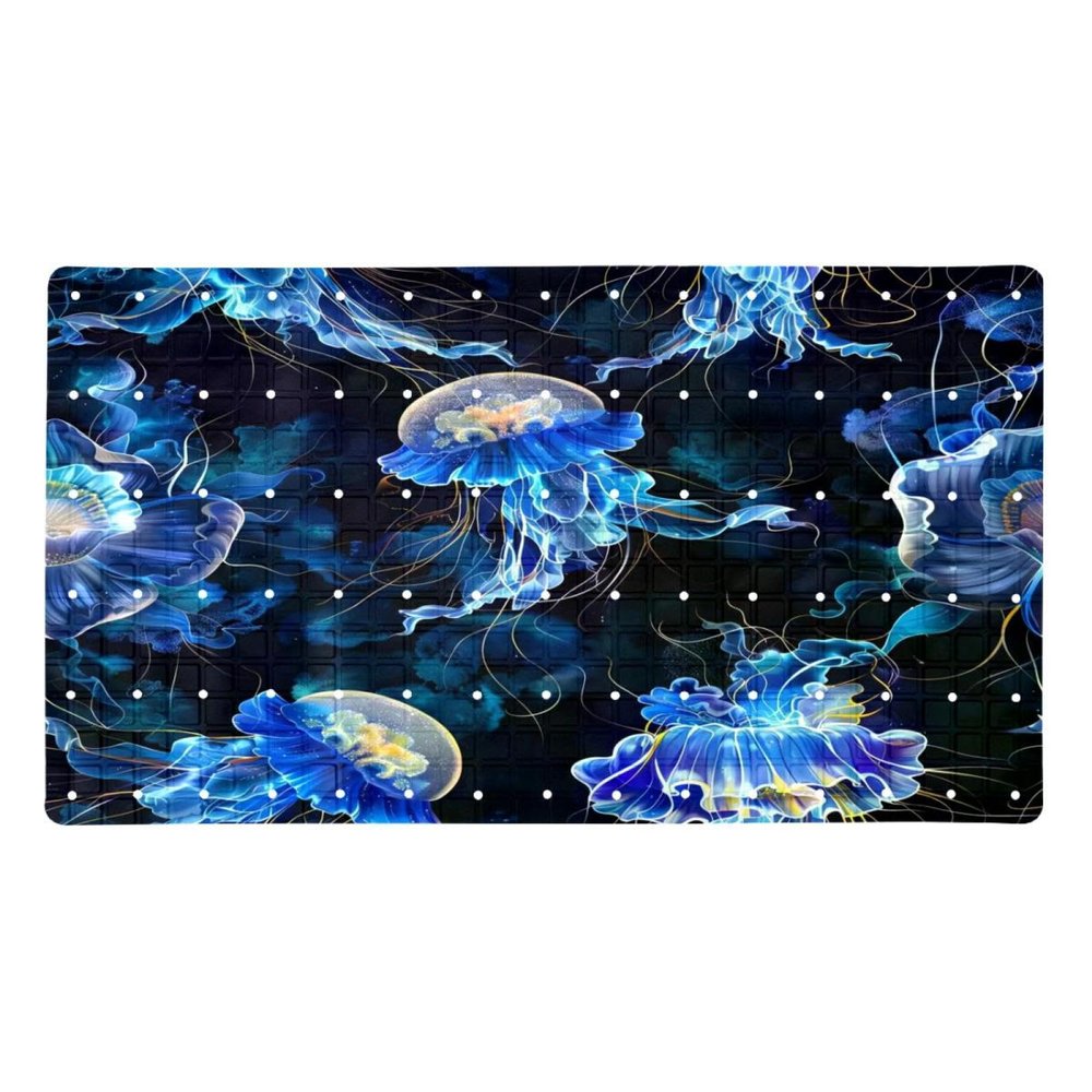 Non Slip Bathtub Mat Fancy Blue Jellyfish Print Bathroom Shower Tub Mats with Suction Cups and Drain Holes for Kids and Adults 15.7x27.9 in