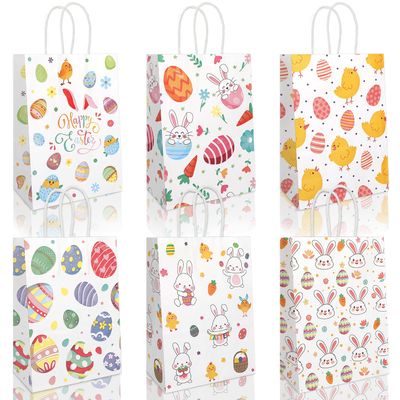 24 PCS Easter Cartoon Gift Bags with Handles, 8.19 x 5.91 x 3.15 Inches Rabbit & Chick Themed Spring Party Favor Bags for Easter Egg Hunts, Easter Basket Stuffers, and Kids Holiday Gift Wrapping