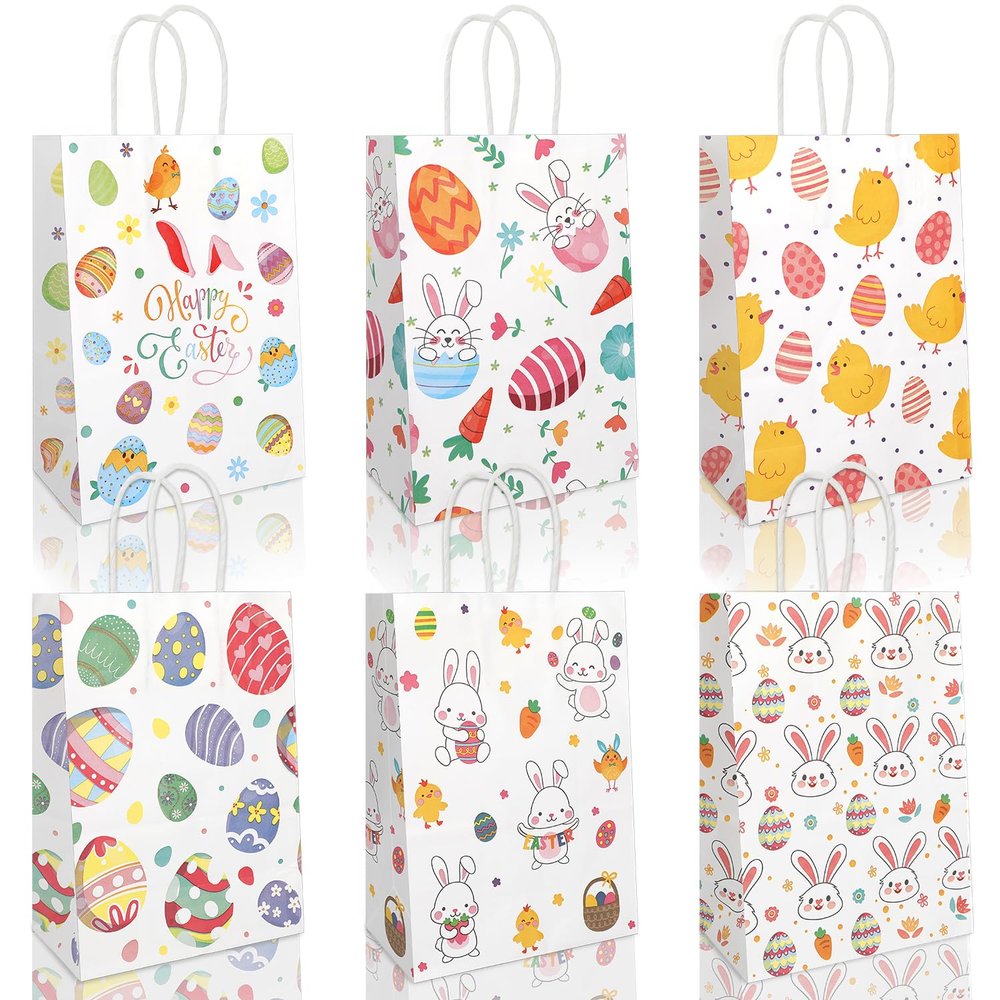 24 PCS Easter Cartoon Gift Bags with Handles, 8.19 x 5.91 x 3.15 Inches Rabbit & Chick Themed Spring Party Favor Bags for Easter Egg Hunts, Easter Basket Stuffers, and Kids Holiday Gift Wrapping