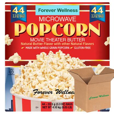 Forever Wellness Microwave Popcorn, 3.3 oz, 44-count, Gluten free, Kosher, Whole Grain Popcorn, Movie theater butter, Bundle with Forever Wellness Shipping Box