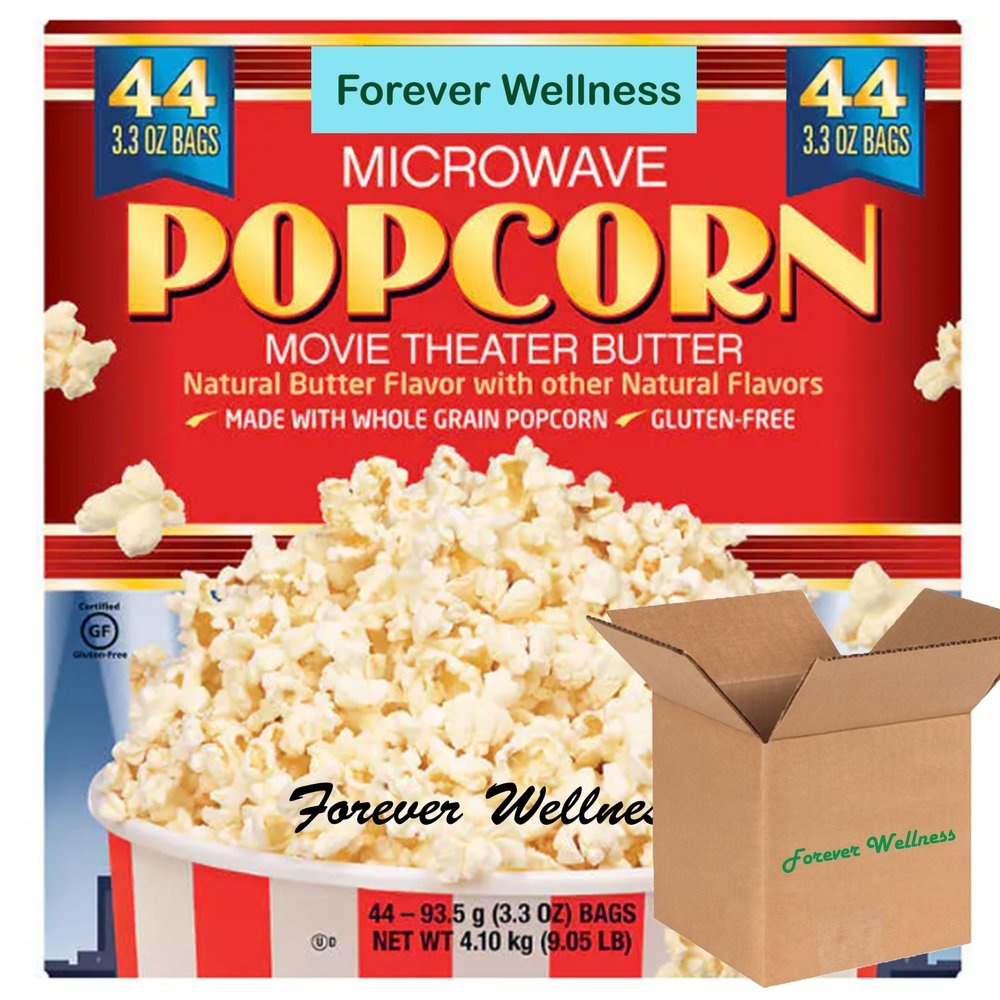 Forever Wellness Microwave Popcorn, 3.3 oz, 44-count, Gluten free, Kosher, Whole Grain Popcorn, Movie theater butter, Bundle with Forever Wellness Shipping Box