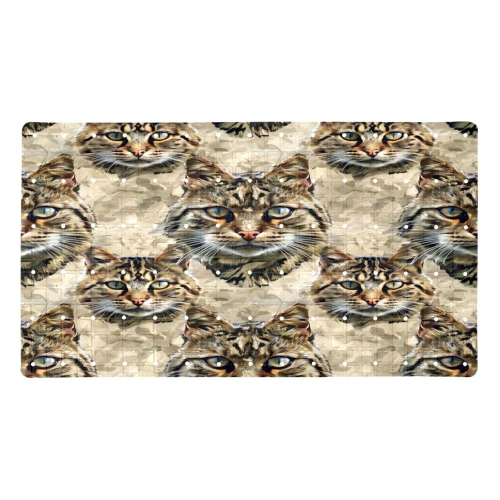 Non Slip Bathtub Mat European Wildcat Head Print Bathroom Shower Tub Mats with Suction Cups and Drain Holes for Kids and Adults 15.7x27.9 in
