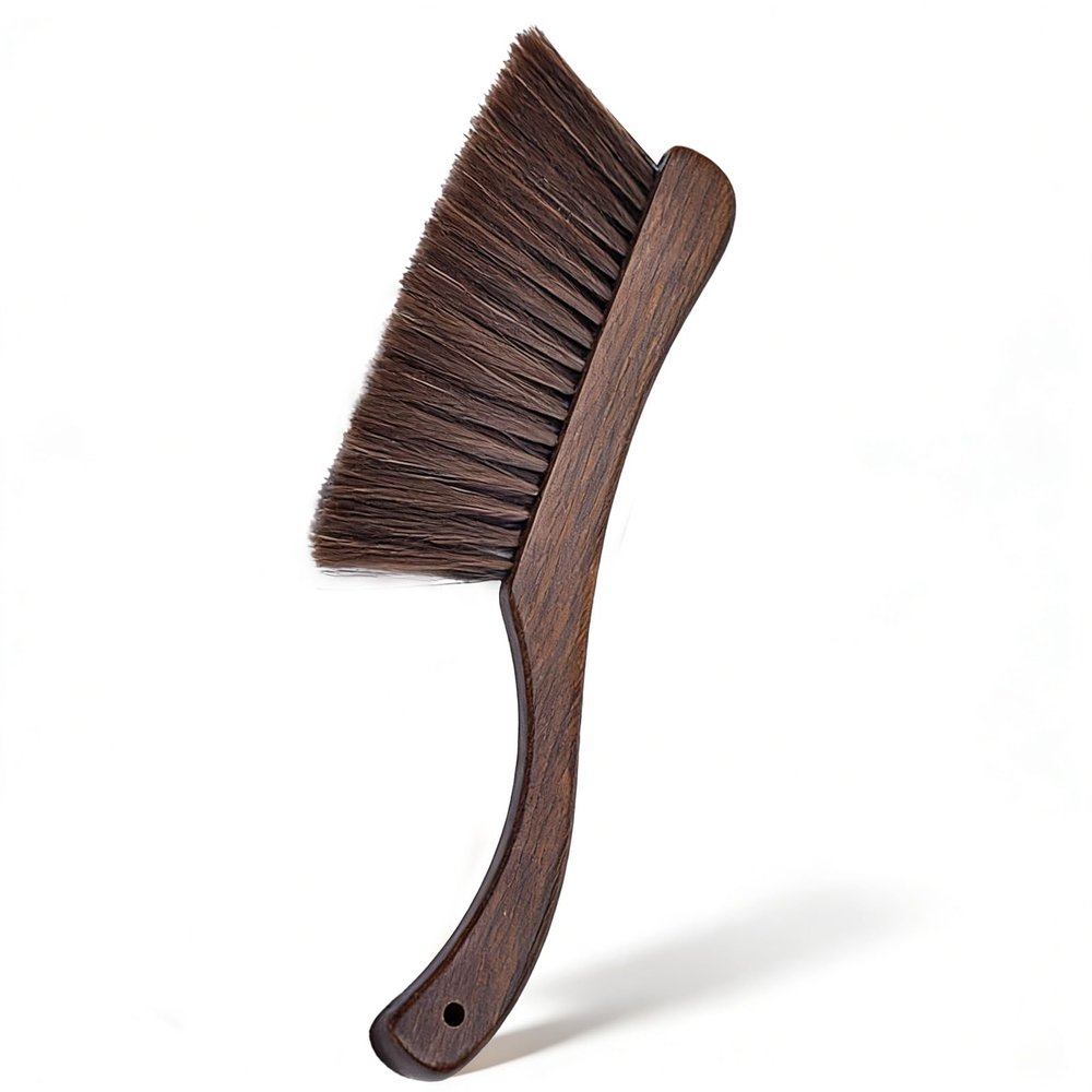 1 Pieces Woooden Hand Whisk Broom Dust Brush with Curved Wood Handle Soft Bristle Bench Brush Household Cleaning Brush for Counter Bed Sofa Car Fireplace Clothes (Coffee-Carved Handle)