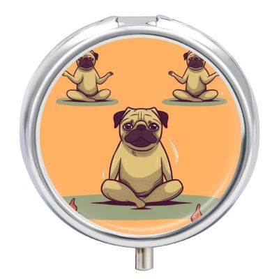Round Pill Box/Case,3 Compartment Small Pill Case for Purse & Pocket Yoga Pugprinted Travel Pill Organizer for Vitamins Supplements