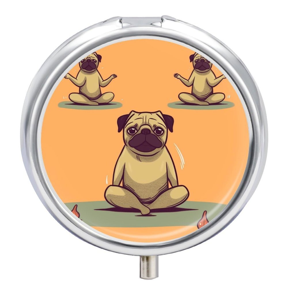 Round Pill Box/Case,3 Compartment Small Pill Case for Purse & Pocket Yoga Pugprinted Travel Pill Organizer for Vitamins Supplements