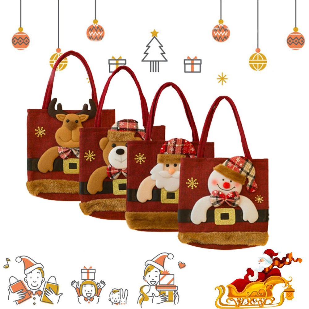 3PCS Christmas Gift Bags Zipper Design, Christmas Gift Doll Bags,Small Santa Snowman Deer Doll Storage Bags, Christmas Eve Apple Packaging Bag Candy Gift Bag for Party Festival Activity (4PCS-A)