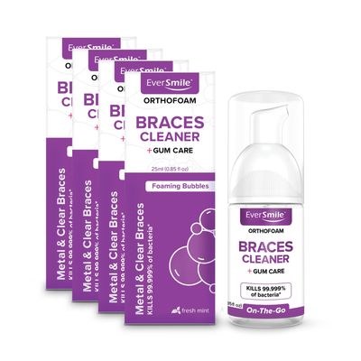 EverSmile OrthoFoam Braces Cleaner  Travel Size  Brushable Foam Whitens Teeth, Eliminates Bacteria, Fights Plaque and Bad Breath  Cleans Under Metal, Ceramic, Clear Brackets and Wires  25ml(4 Pk)