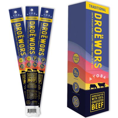 Ayoba Beef Sticks Traditional (1 Ounce, Pack of 12)  16g High Protein Droewors Meat Sticks Made of 100% Grass Fed Beef, Individually Wrapped Snacks, Low Carb, Sugar and Gluten Free