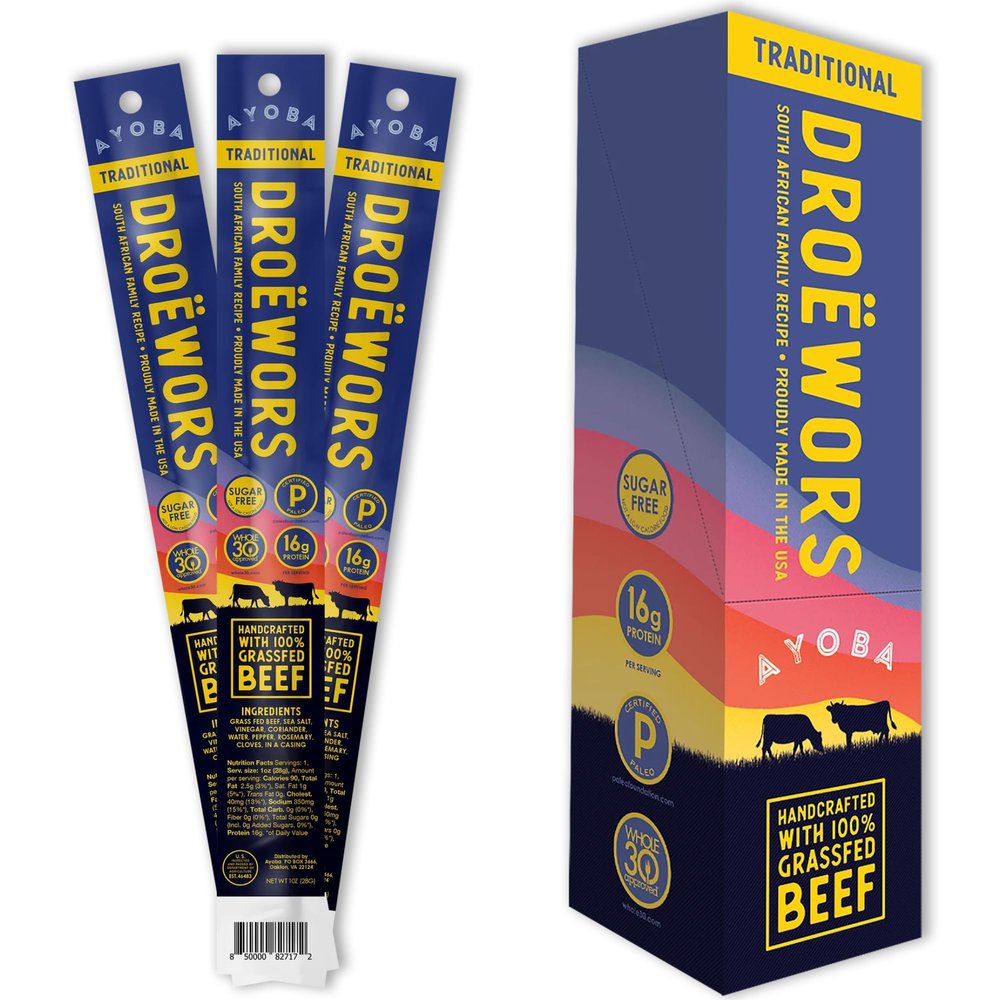 Ayoba Beef Sticks Traditional (1 Ounce, Pack of 12)  16g High Protein Droewors Meat Sticks Made of 100% Grass Fed Beef, Individually Wrapped Snacks, Low Carb, Sugar and Gluten Free