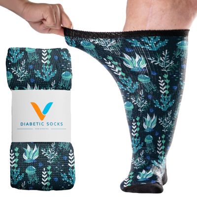 Viasox Jelly Fish EasyStretch Diabetic Socks for Men & Women, Non Binding Top, Seamless Toe, Loose Fit, Large 9-12
