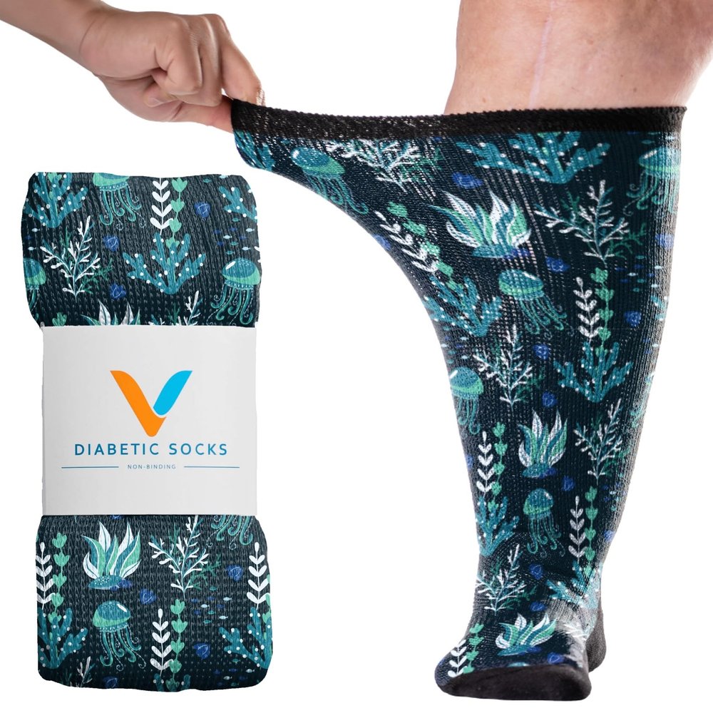 Viasox Jelly Fish EasyStretch Diabetic Socks for Men & Women, Non Binding Top, Seamless Toe, Loose Fit, Large 9-12