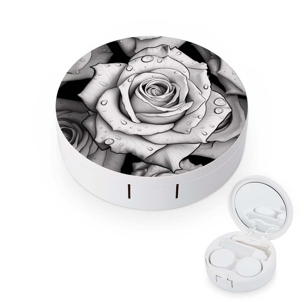 QWHJK Contact Lens Case,Black White Rose Print Plastic Contact Lens Case,contact Lens Care Box,ontact Lens Travel Box