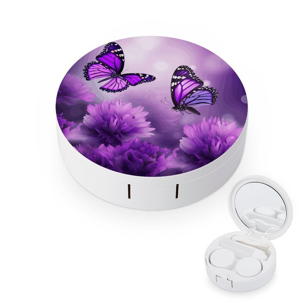 QWHJK Contact Lens Case,Purple Flower Butterflies Print Plastic Contact Lens Case,contact Lens Care Box,ontact Lens Travel Box