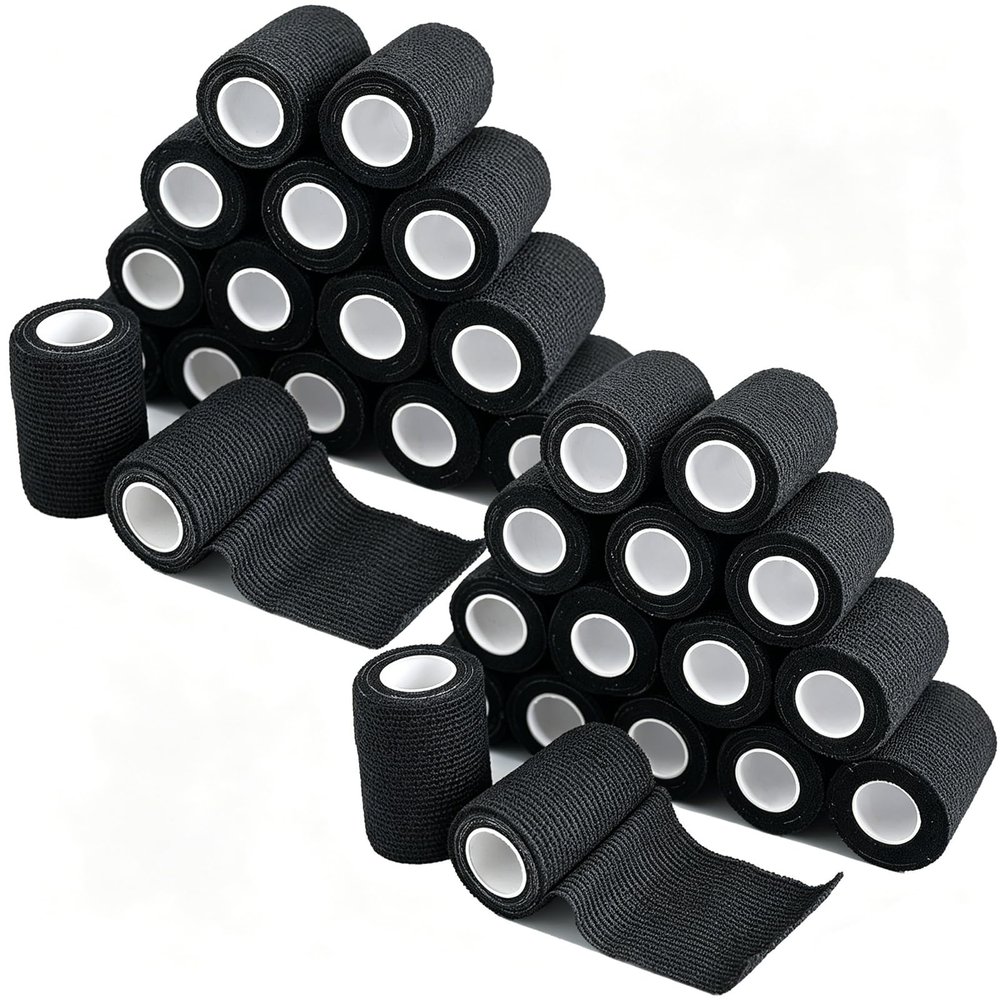24 Rolls Self Adhesive Bandage Wrap, Vet Wrap 2 Inch, Dogs Bandages for Wounds Care Dressings, Elastic Self Stick Cohesive Bandage Wrap, Leg Wraps, Wrist Tape, Ankle, Sports, Tatto Grip Tape (Black)
