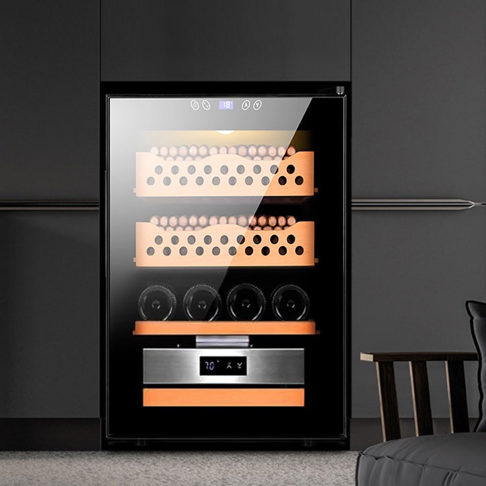 50L Electric Cigar Humidity Cabinet with Smart Panel, Temperature Control Cabinet, LED Lighted Cigar Humidor, 360 Cooling Cigar Fridge with Cedar Wood Shelves & Drawers, 200 Cigars+4 wine